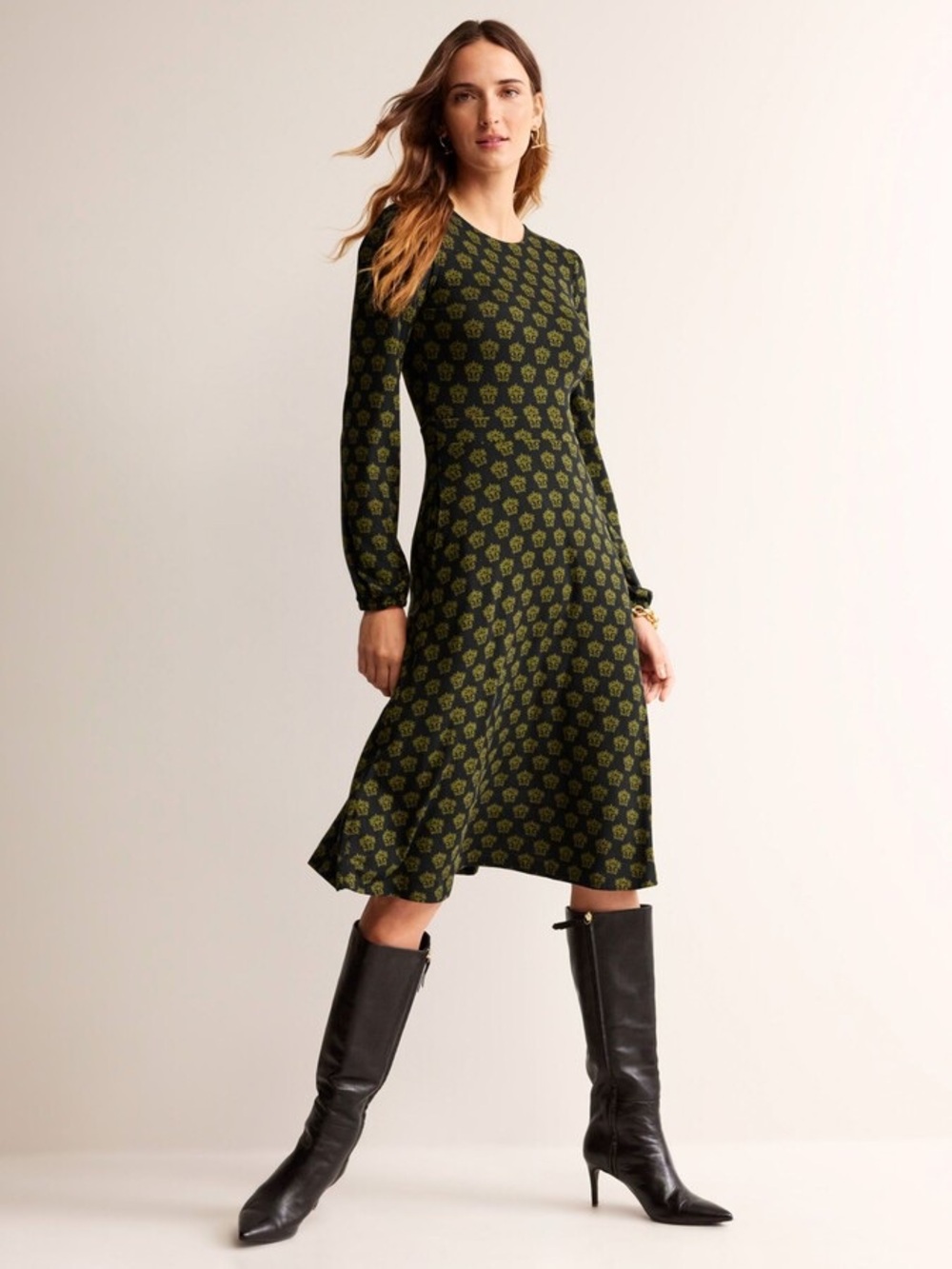 NWT BODEN Camille Midi, Long Sleeve Green Patterned A-Line Dress